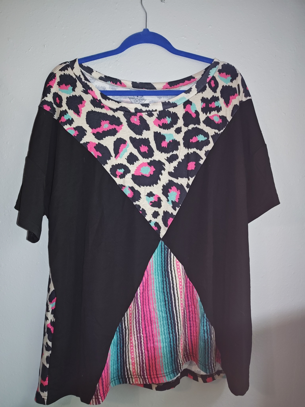 Women's Black Colorblock Top with Pink & Teal Accents